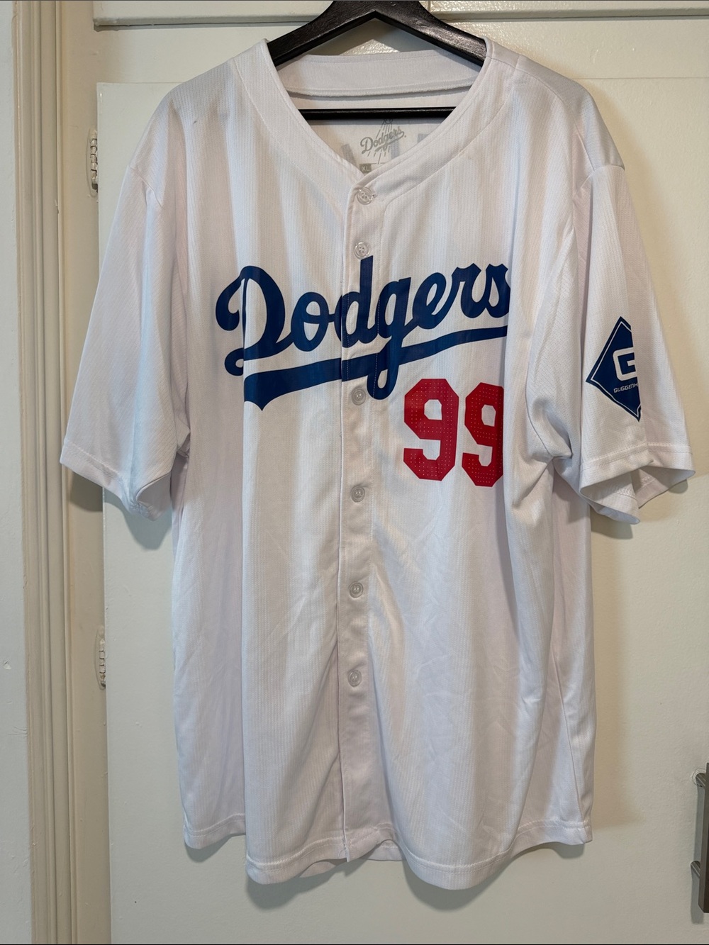 White Dodgers Jersey with Blue Script and Red Number 99